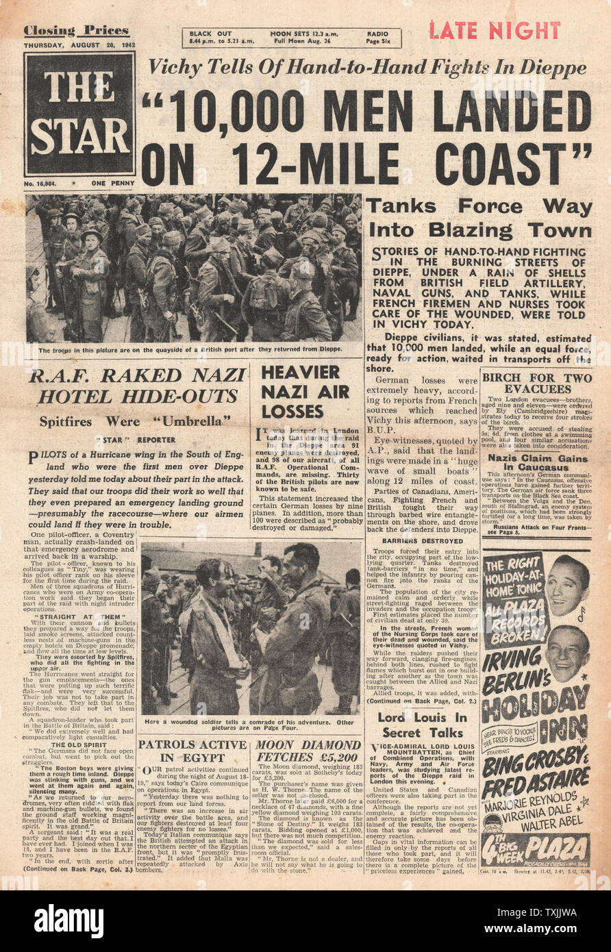 1942 Première page l'étoile (Londres) Commando britannique Raid sur Dieppe Banque D'Images