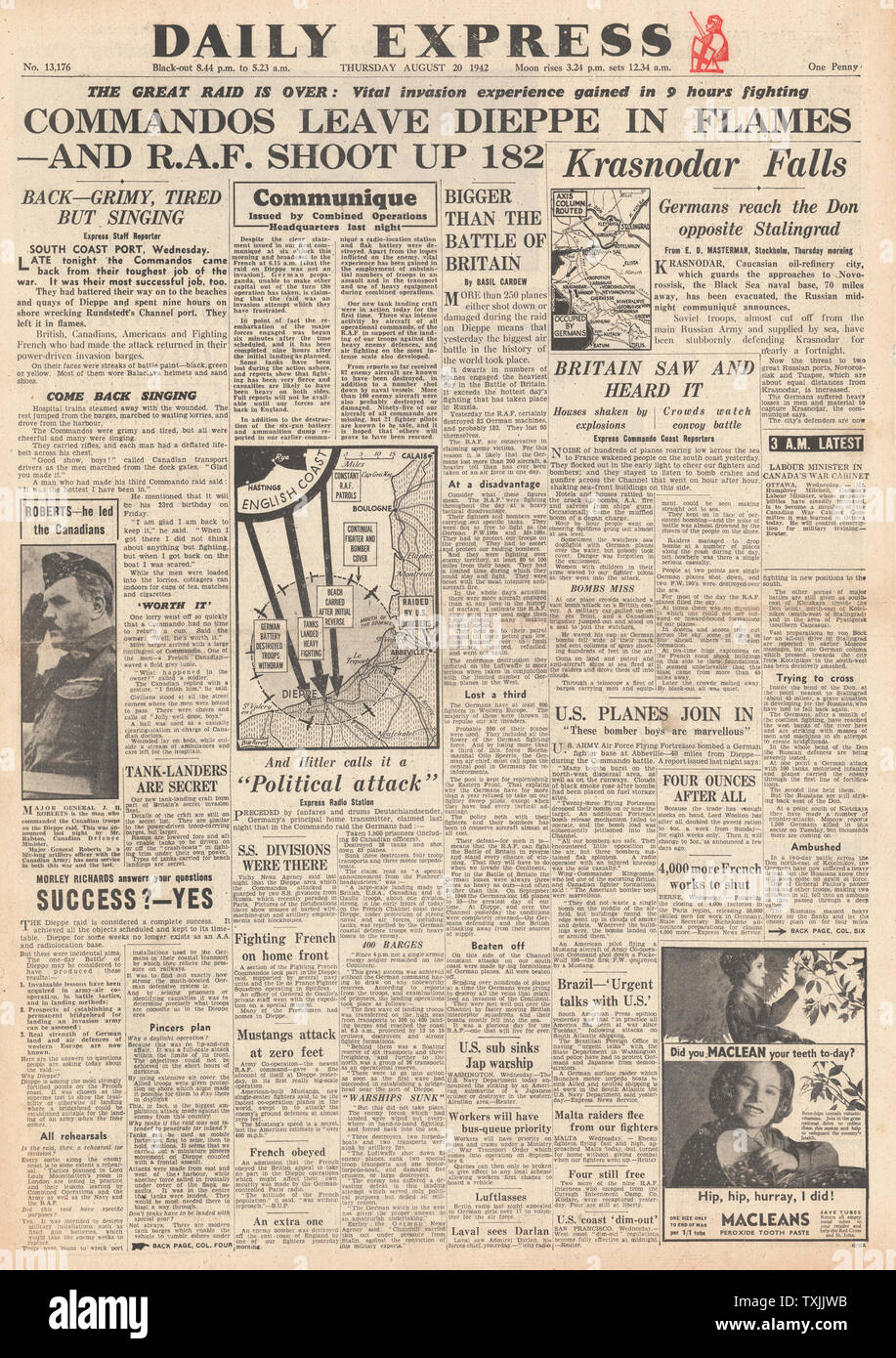 1942 front page Daily Express British Commando Raid sur Dieppe Banque D'Images