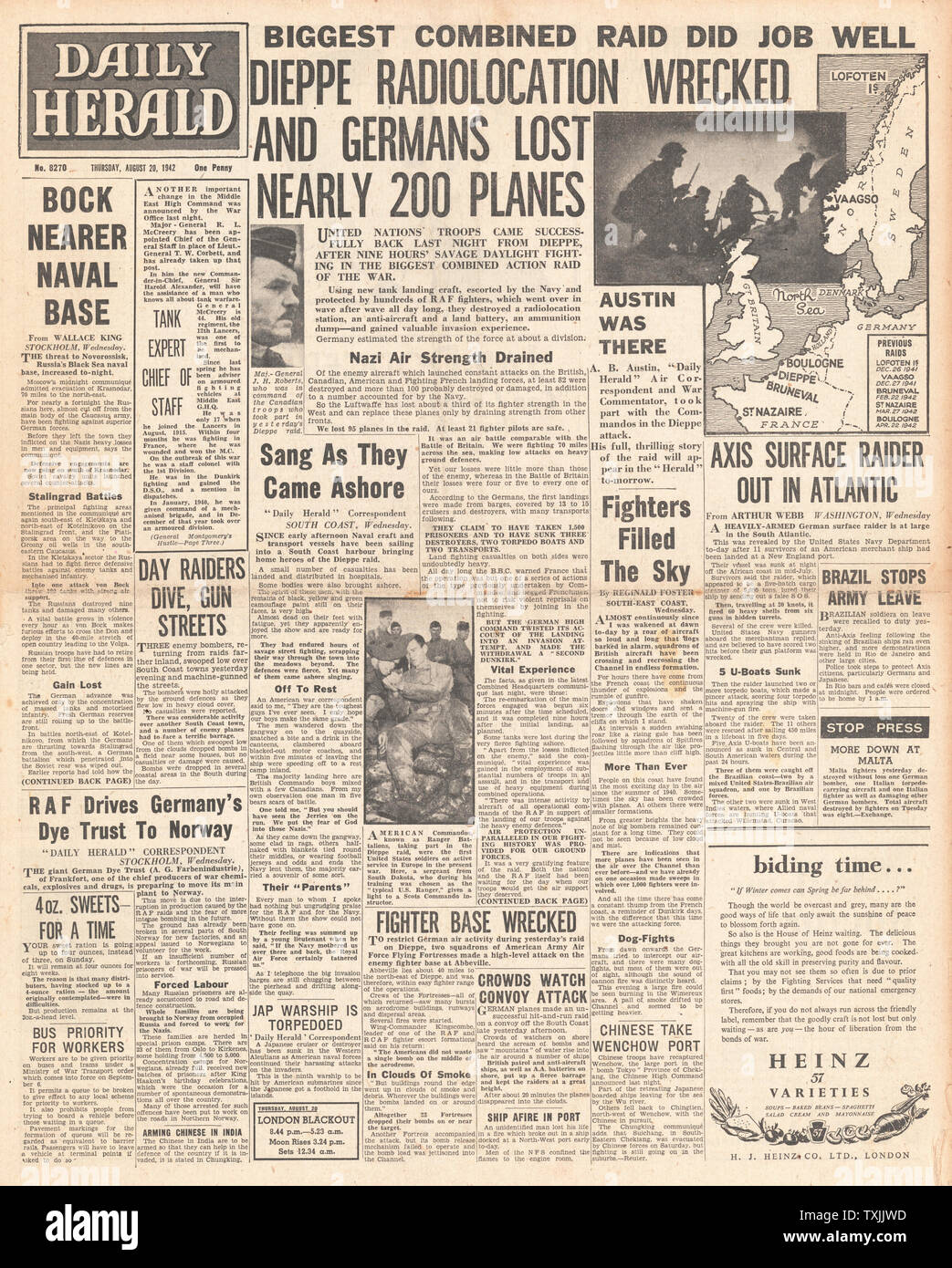 1942 front page Daily Herald British Commando Raid sur Dieppe Banque D'Images