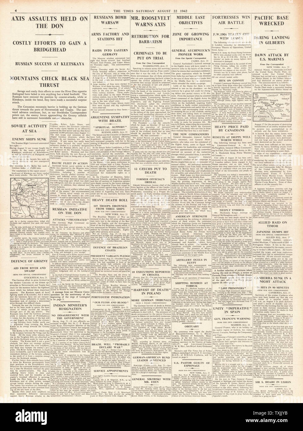 1942 page 4 la fois Bataille pour Orel et le président Roosevelt axe met en garde contre des représailles et essais Banque D'Images