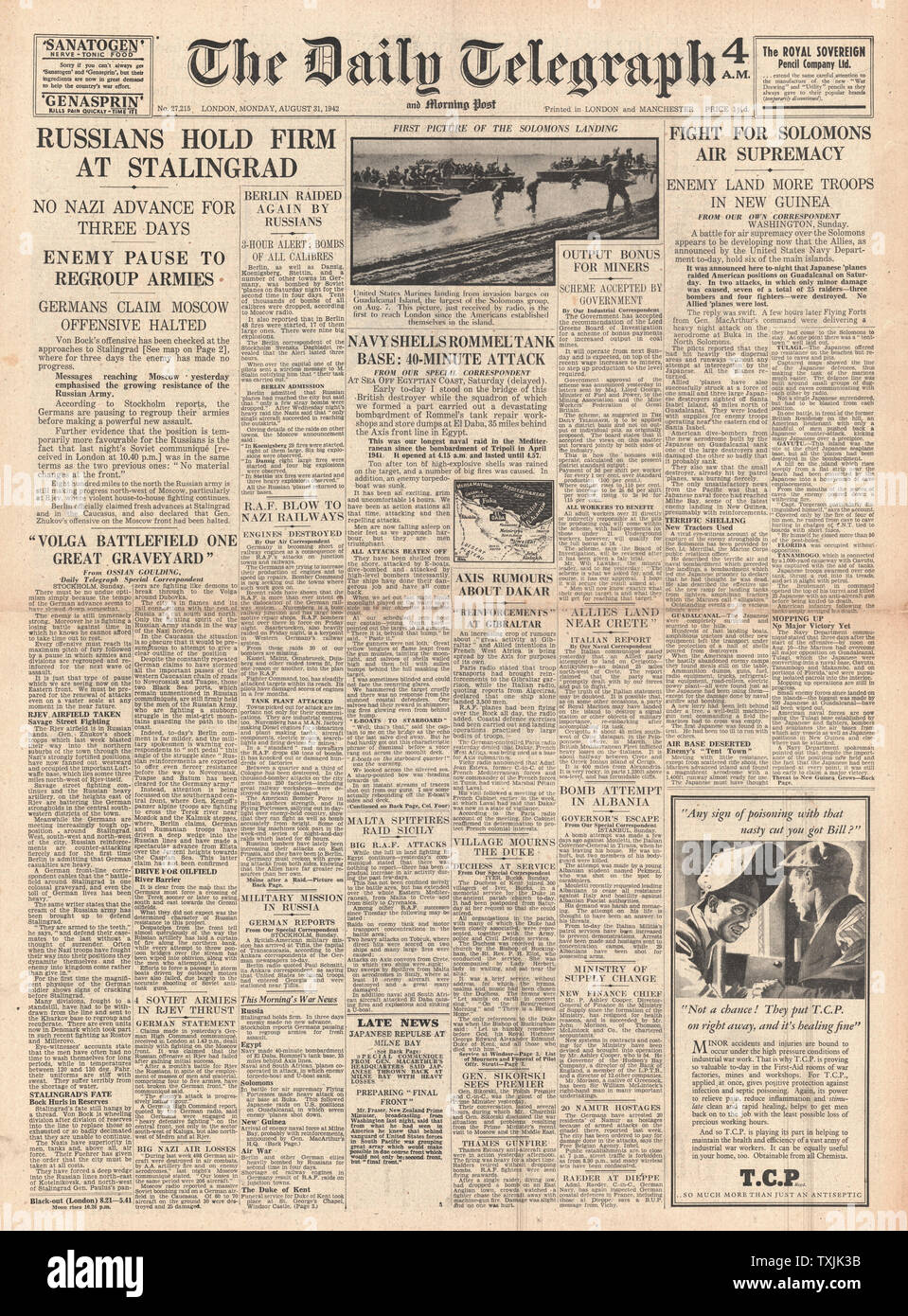 1942 front page Daily Telegraph Bataille pour Stalingrad, plus les forces japonaises en Nouvelle-Guinée et des terres de la Marine Royale El Daba bombard Banque D'Images