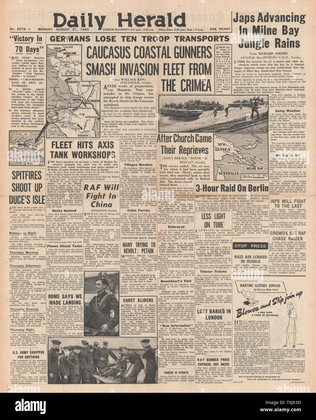 1942 front page Daily Herald Bataille pour Stalingrad, plus les forces japonaises en Nouvelle-Guinée et des terres de la Marine Royale El Daba bombard Banque D'Images