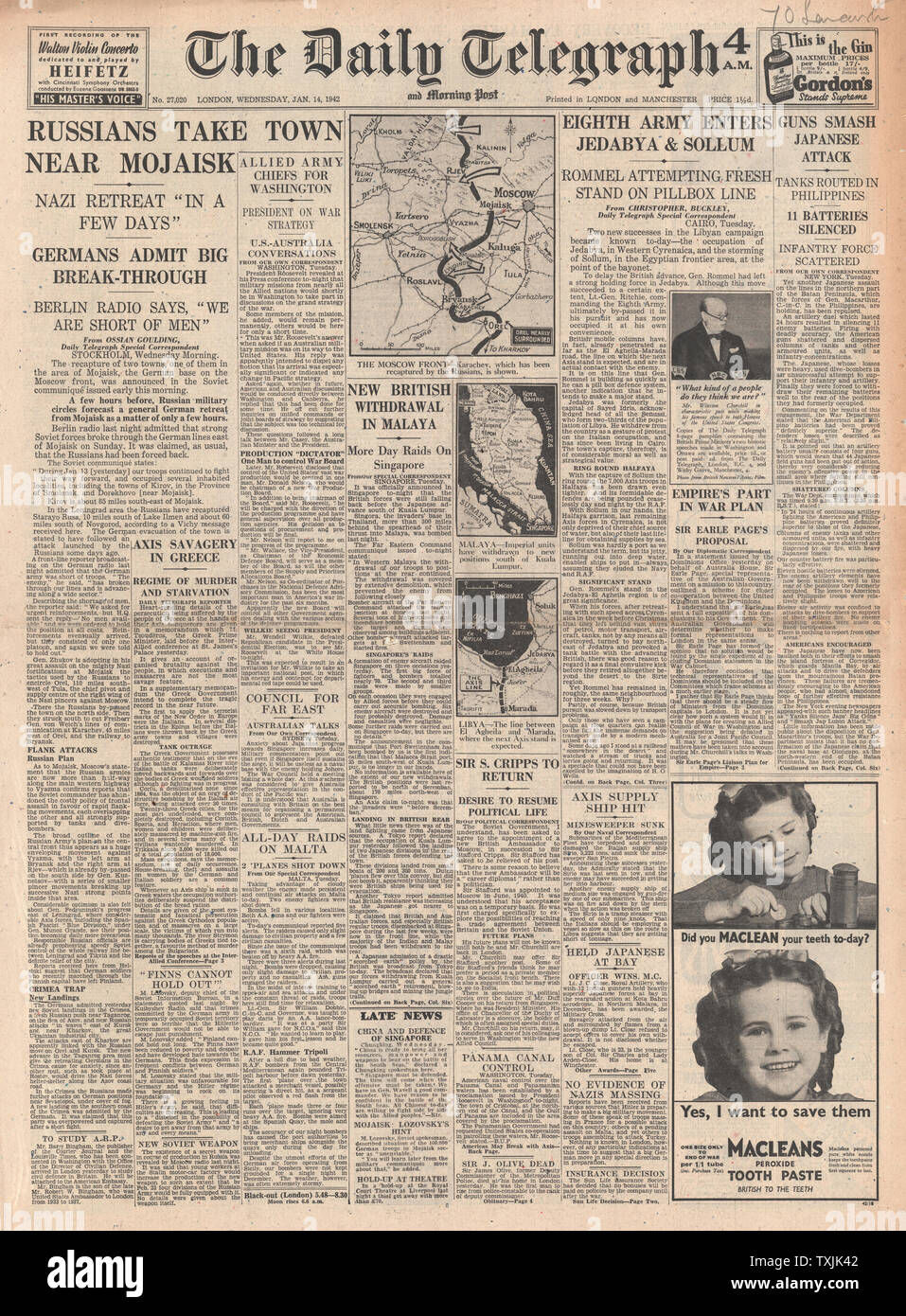 1942 Daily Telegraph Allied retreat de Kuala Lumpur, les forces de l'axe de réflexion de la Libye et de l'armée russe à l'avance de Moscou Banque D'Images