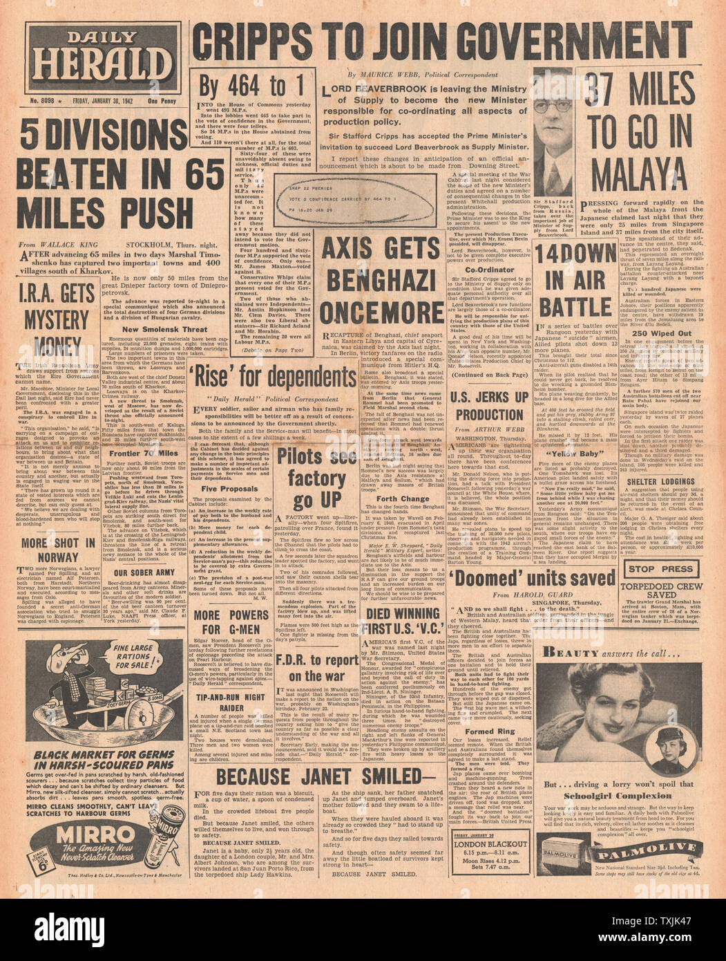 Daily Herald 1942 Vote de confiance pour le gouvernement britannique, Bataille pour Singapour, les forces de l'axe reprendre Benghazi et l'avance de l'armée russe à Kiev Banque D'Images