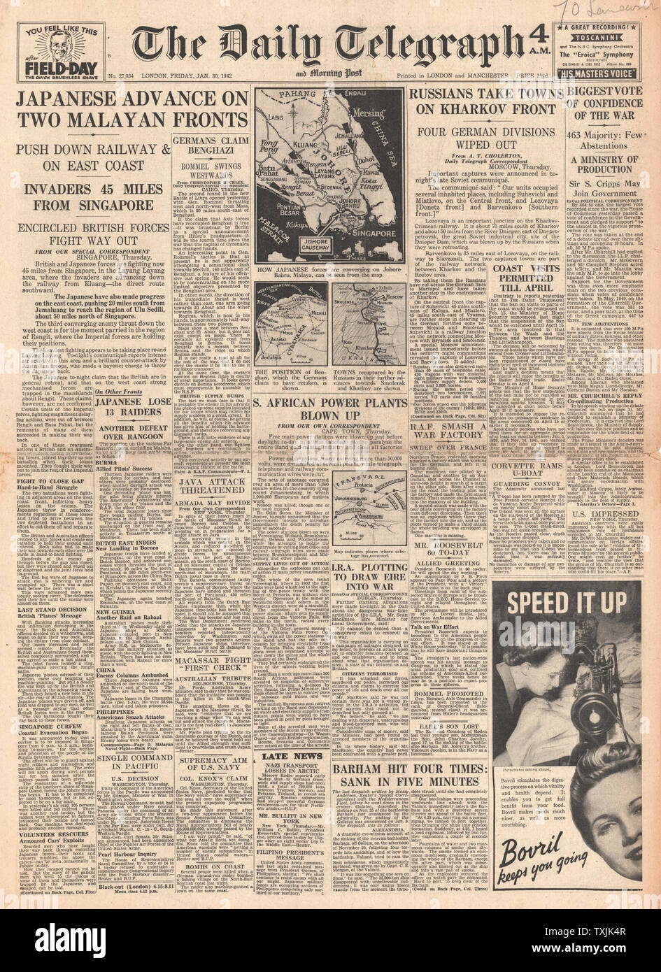 Daily Telegraph 1942 Vote de confiance pour le gouvernement britannique, Bataille pour Singapour, les forces de l'axe reprendre Benghazi et l'avance de l'armée russe à Kiev Banque D'Images