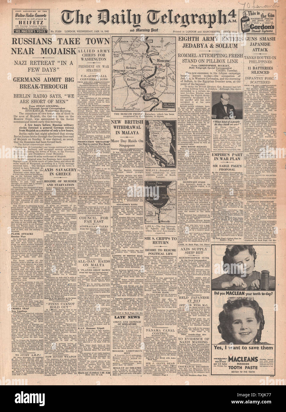 1942 front page Daily Telegraph Allied retreat de Kuala Lumpur, les forces de l'axe de réflexion de la Libye et de l'armée russe à l'avance de Moscou Banque D'Images