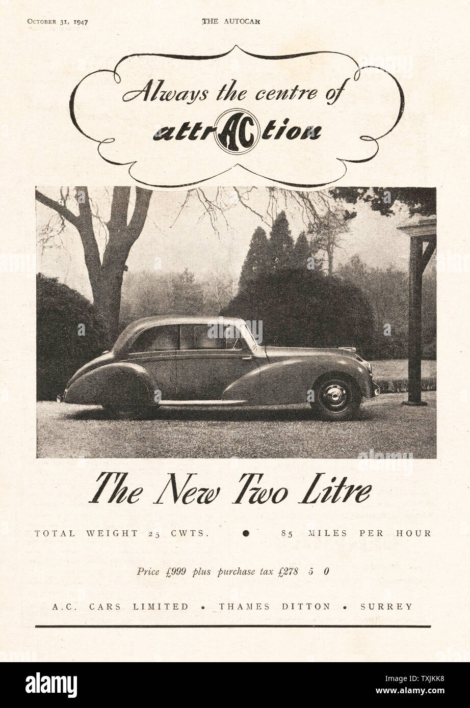 1947 Le magazine britannique annonce Voiture AC Banque D'Images
