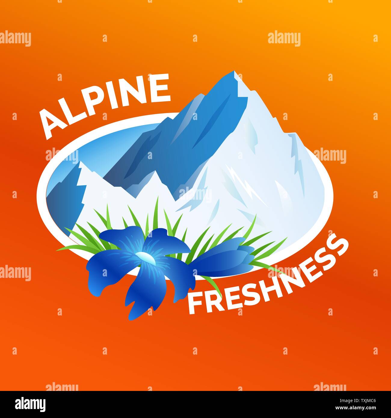 Laver les vêtements sticker, symbole de fraîcheur alpine avec des montagnes et des fleurs, la publicité pour la lessive, vector illustration isolé. Illustration de Vecteur