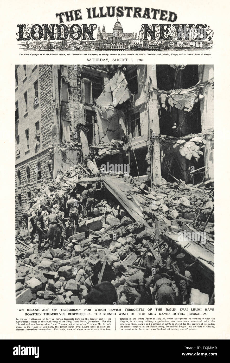 1946 Illustrated London News attaque terroriste contre l'hôtel King David, Jérusalem Banque D'Images