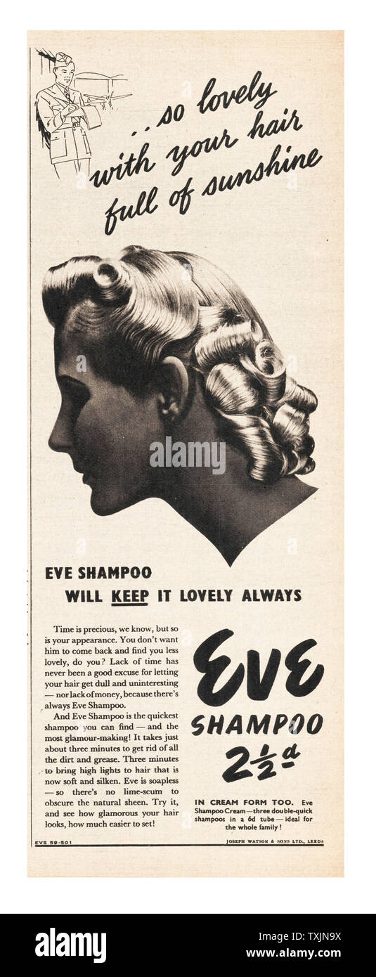 1940 Magazine BRITANNIQUE Eve annonce Shampooing Banque D'Images