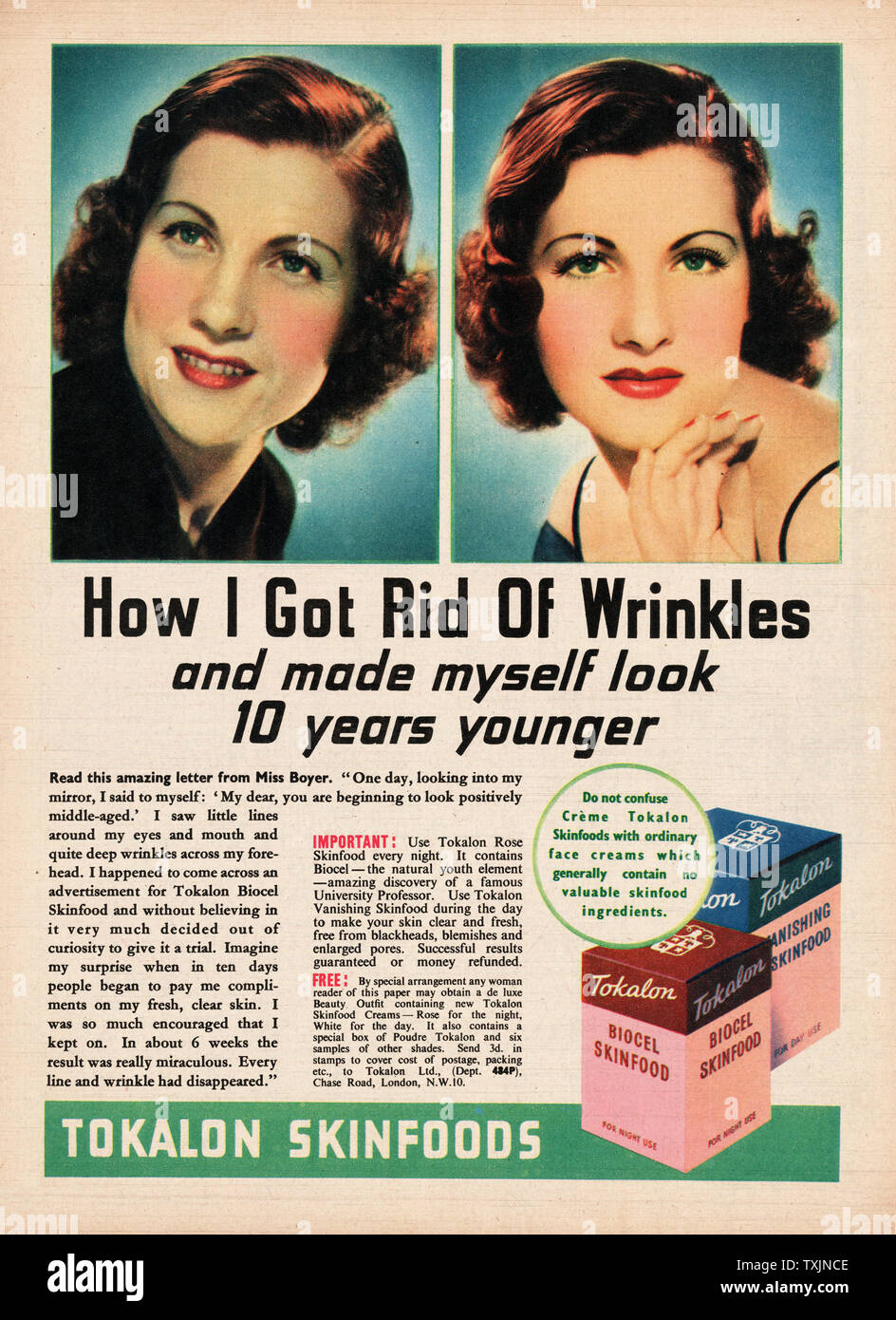 1940 Magazine BRITANNIQUE Tokalon annonce Skinfoods Banque D'Images