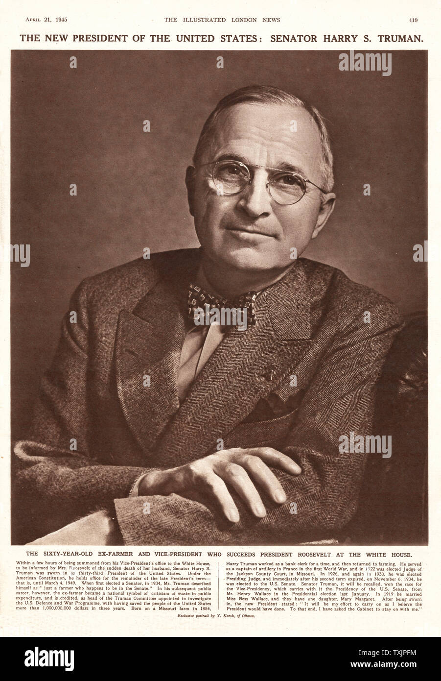 1945 Illustrated London News Président des États-Unis Harry S. Truman Banque D'Images