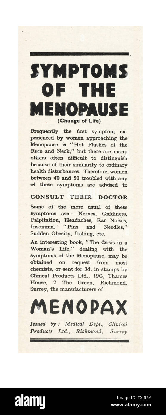 Annonce Menopax Magazine UK 1946 Banque D'Images