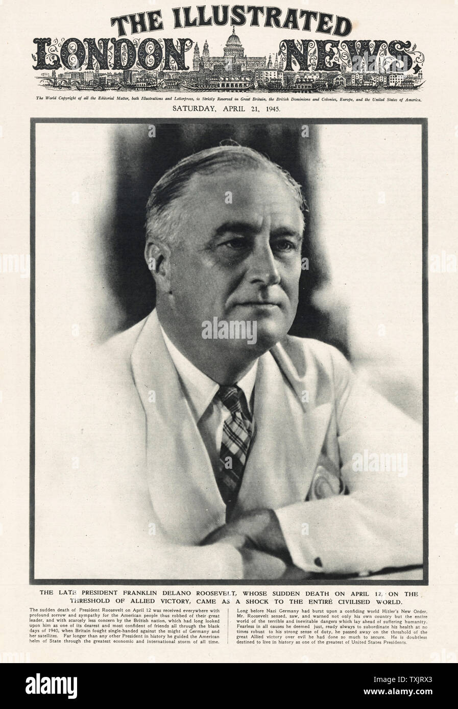 1945 Illustrated London News Président des États-Unis Franklin D. Roosevelt Banque D'Images