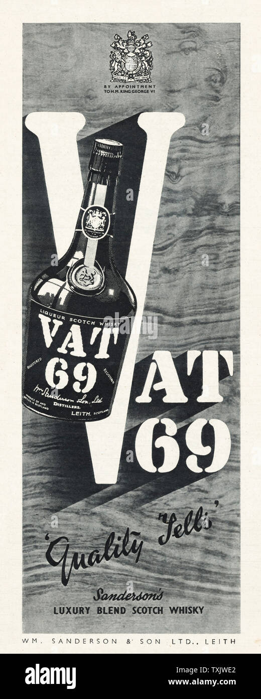 1944 Le magazine britannique annonce Whisky VAT 69 Banque D'Images