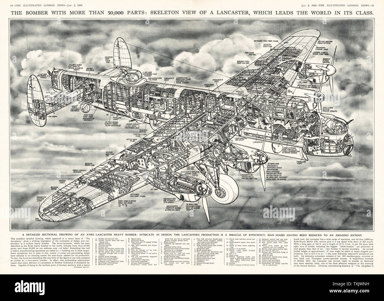 1943 Illustrated London News dessin en coupe bombardier Lancaster de la RAF Banque D'Images