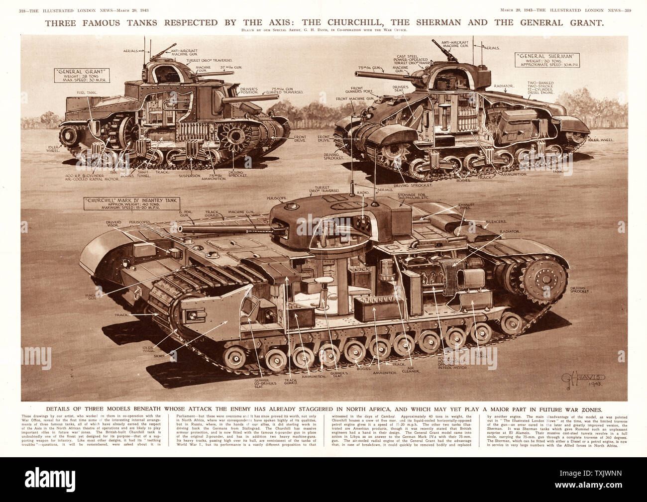 1943 Illustrated London News Armée britannique Churchill, Sherman et Grant Tanks Banque D'Images