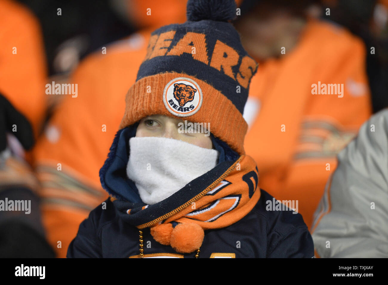 Un ours de Chicago offres ventilateur jusqu'au cours du premier trimestre contre les Dallas Cowboys à Soldier Field, à Chicago le 9 décembre 2013. UPI/Brian Kersey Banque D'Images