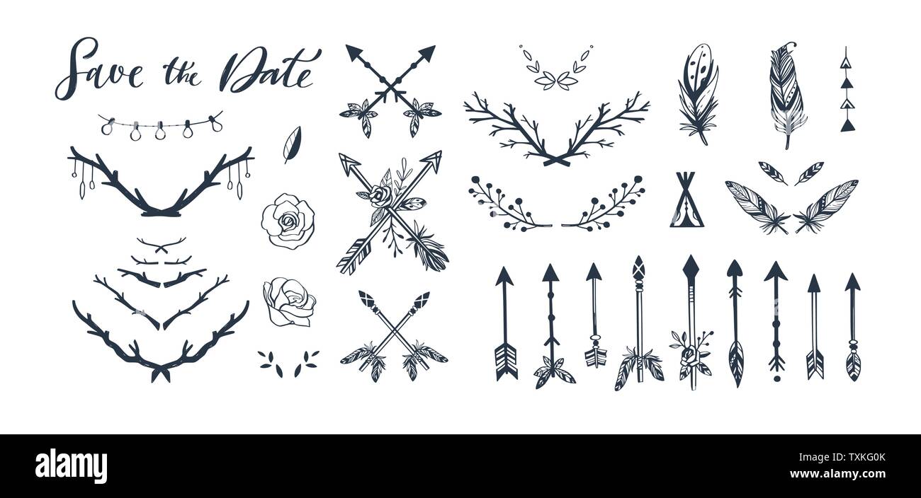 Style Boho vector collection pour tatouage, invitations, flyers, la décoration avec des plumes, des branches d'arbre,fleurs sauvages,des flèches. Ensemble tribal bohème. Enregistrer la Illustration de Vecteur