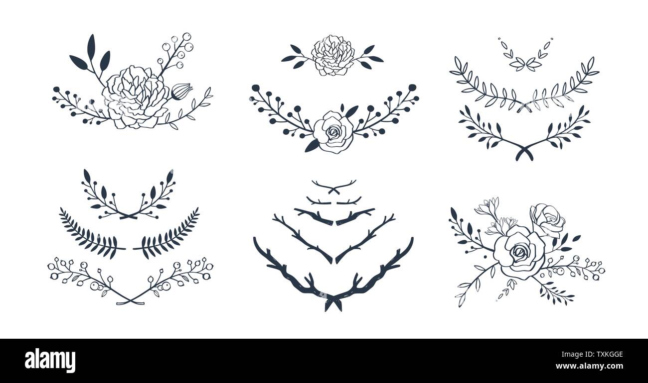 Bouquet floral vector set avec avec rose, pivoine, anemone, sakura, fleurs sauvages. Rustique à la main, des frontières, des images isolées couronne . Illustration de Vecteur