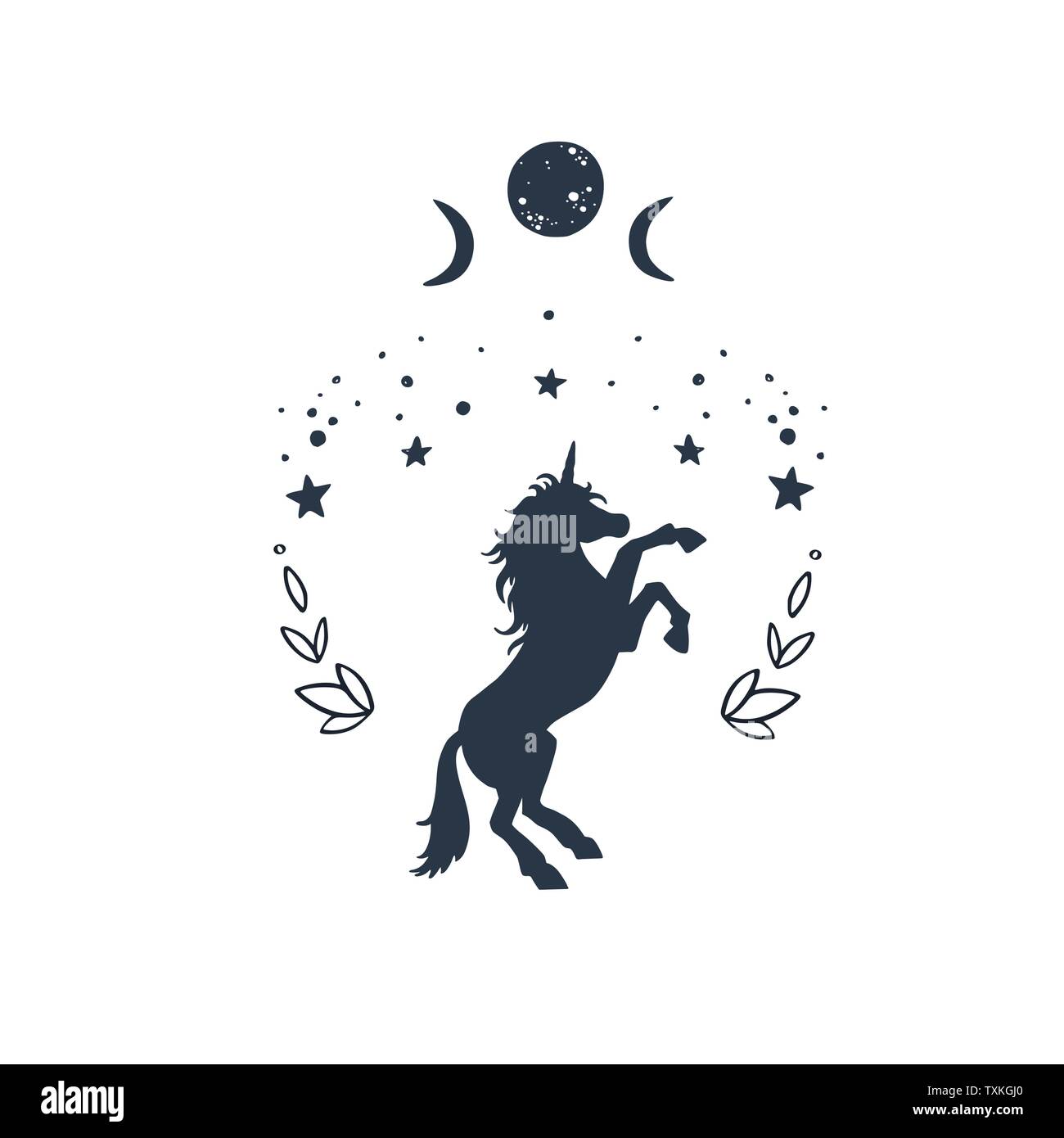 Licorne dans la nuit avec ciel étoilé et la lune. Fantasy, style forêt magique illustration conceptuelle de rêve, l'art du tatouage Illustration de Vecteur