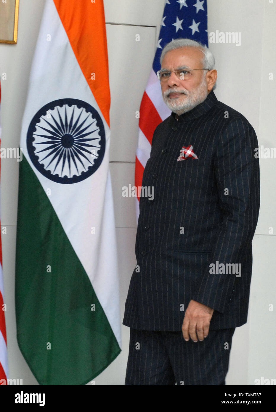 Le Premier Ministre Indien Shri Narendra Modi se distingue par le drapeau indien à Hyderbad House à New Delhi le 25 janvier 2015. Le président BarackObama est sur une visite de trois jours et sera l'invité d'honneur de la République de l'Inde au jour des célébrations. UPI Banque D'Images