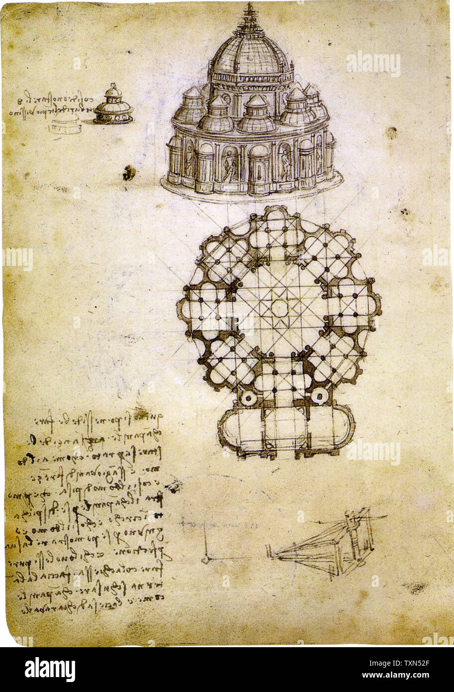 Leonardo Da Vinci, Design pour l’Institut de France, dessin architectural à la plume et à l’encre, vers 1488 Banque D'Images