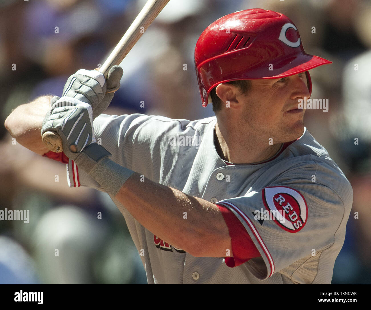 Centerfielder Reds de Cincinnati a appelé l'Stubbs les Rockies du Colorado contre les chauves-souris à Coors Field le 2 septembre 2010 à Denver. Les Rouges mènent la NL division centrale. UPI/Gary C. Caskey Banque D'Images