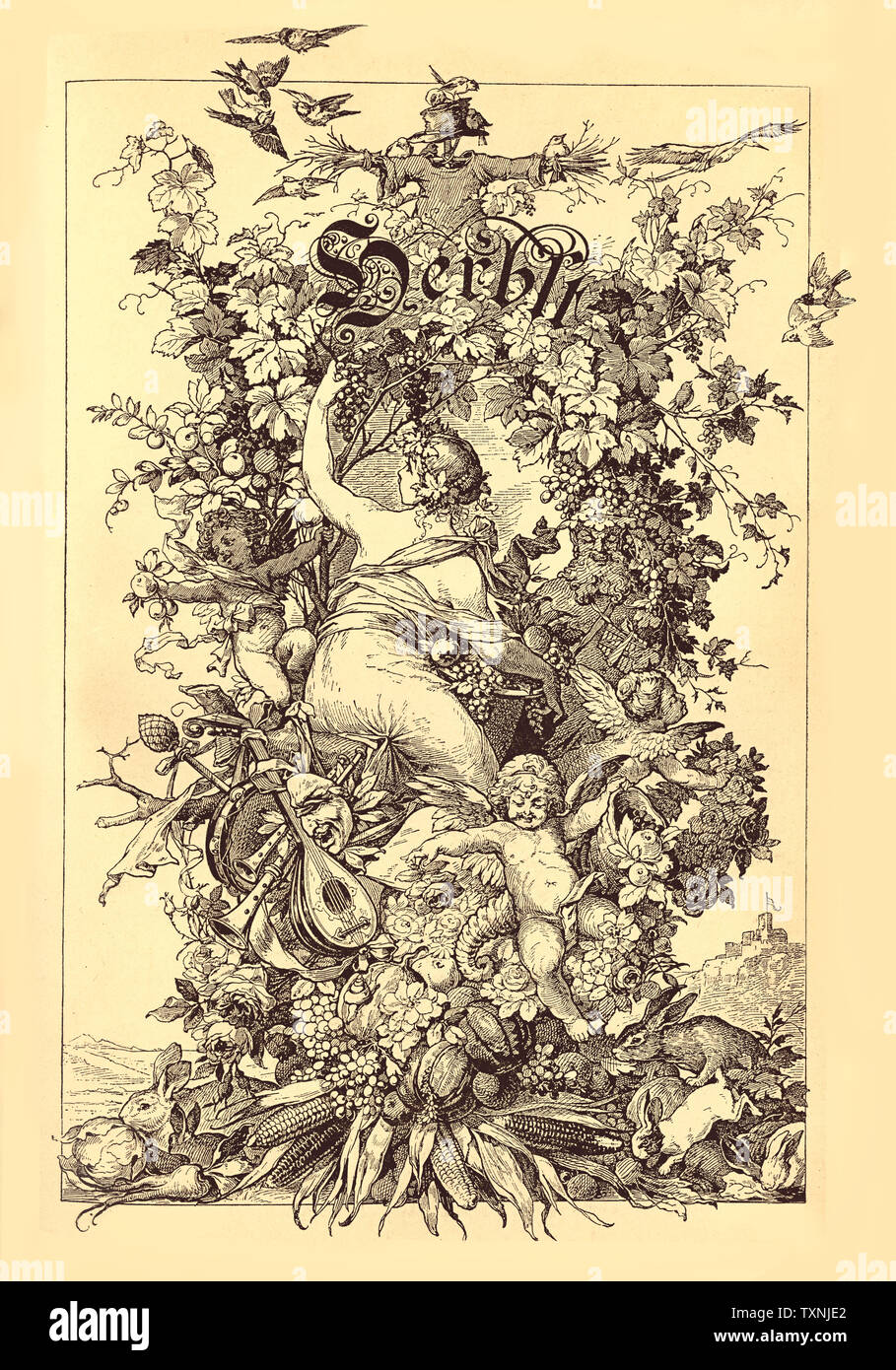 Belle décoration vintage frontispice chapitre dédié à la saison d'automne avec Herbst écrit en caractères anciens, une fille mignonne voler du raisin, puttos, un épouvantail,lapins et triomphe de les plantes, fleurs et cultures Banque D'Images