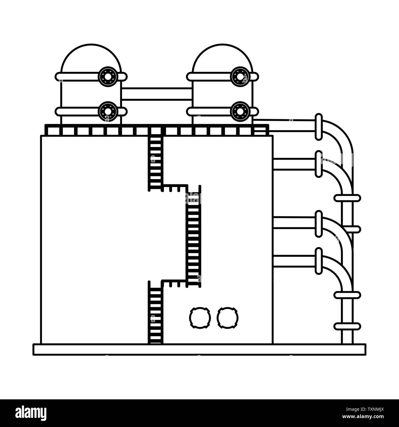 Huile de pétrole raffinerie avec des machines en noir et blanc Illustration de Vecteur
