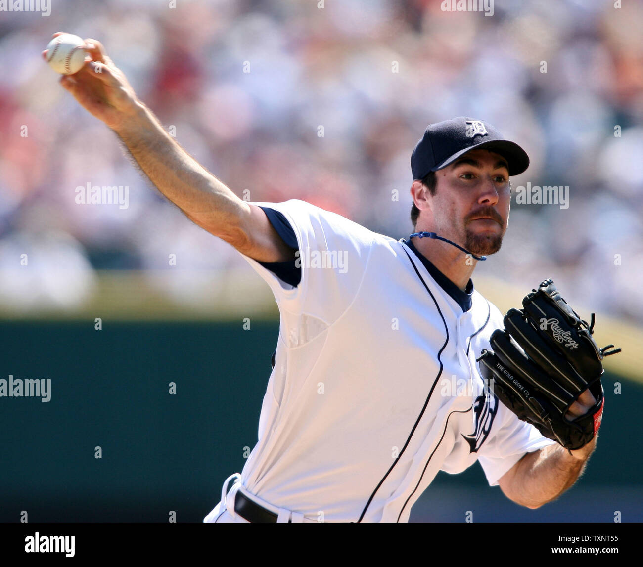 Le lanceur partant des Detroit Tigers Justin Verlander jette un pitch pour radier des White Sox de Chicago frappeur Jermaine Dye en quatrième manche à Comerica Park à Detroit le 22 avril 2007. (Photo d'UPI/Scott R. Galvin) Banque D'Images