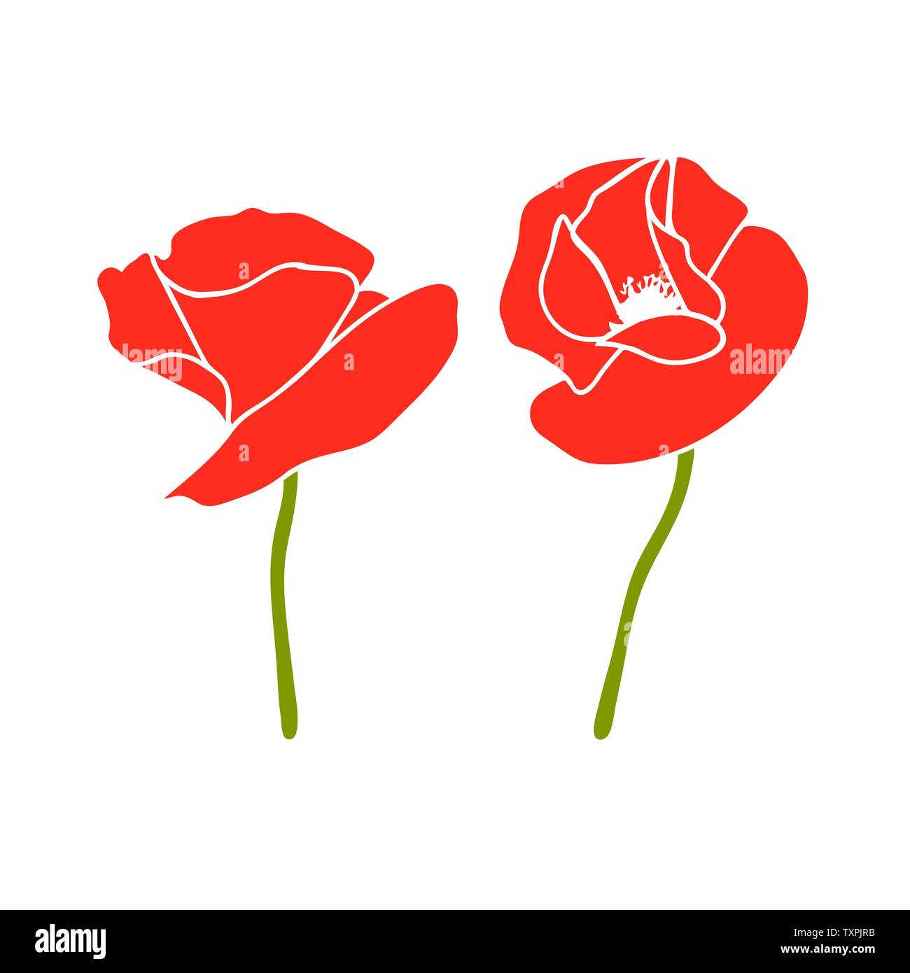 Deux têtes de fleurs de pavot rouge et tiges. Vue de côté. Style plat. Scarlett pétales. Jour du Souvenir. Illustration de Vecteur