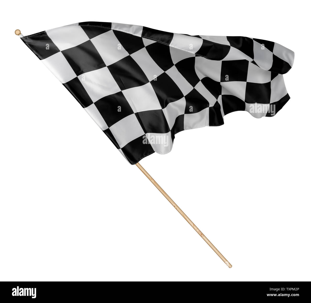 Noir blanc à carreaux de course ou drapeau à damiers avec bâton en bois fond isolé. motorsport racing voiture concept symbole Banque D'Images