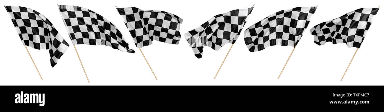 Ensemble prédéfini de forme noir blanc drapeau à damiers avec bâton en bois Sport et sport concept de course de fond isolé Banque D'Images