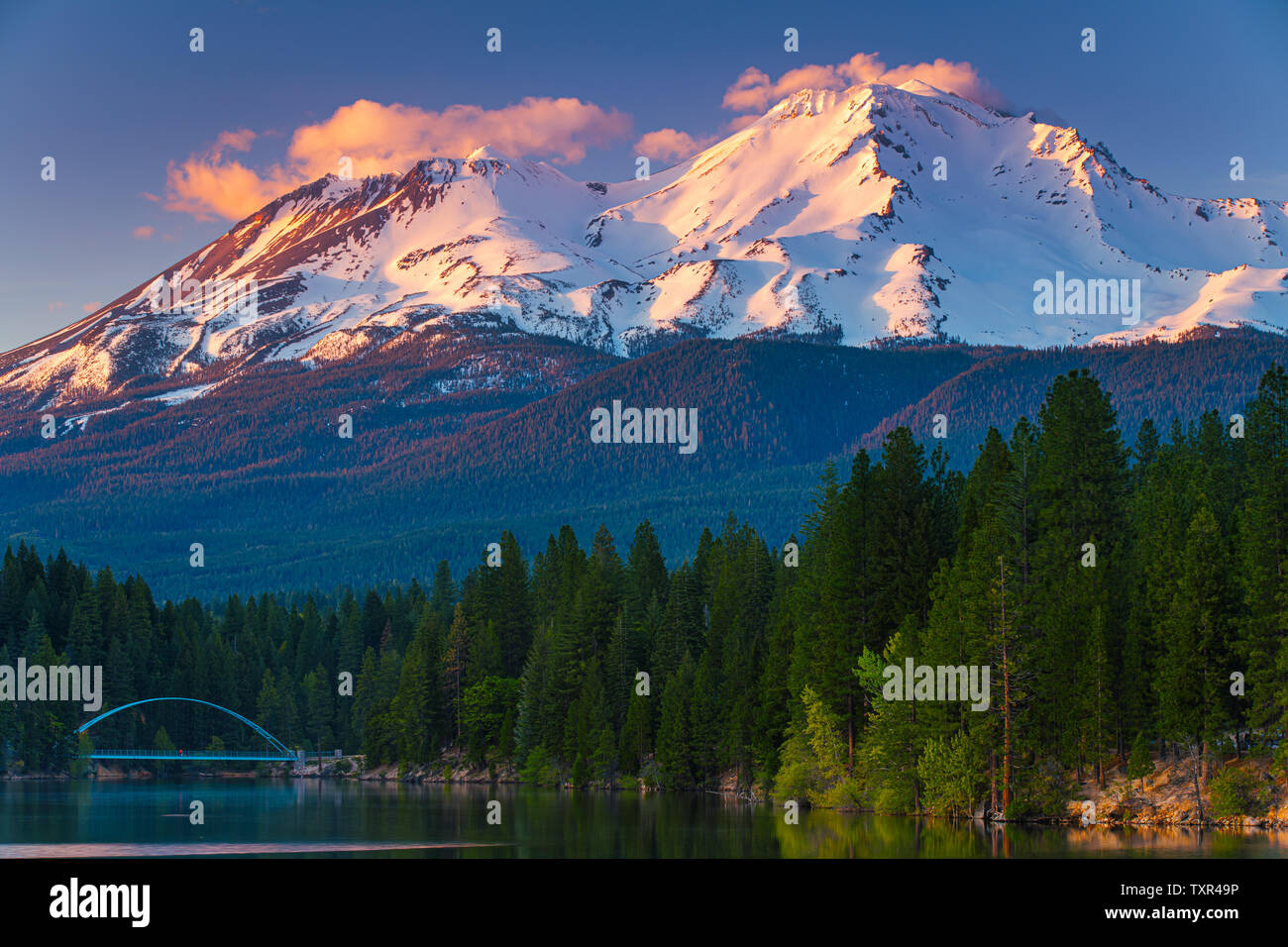 Vue sur le Mont Shasta (du lac) Siskiyou. Mt Shasta est un volcan à l'extrémité sud de la chaîne des Cascades dans le comté de Siskiyou en Californie. Lors d'une console Banque D'Images