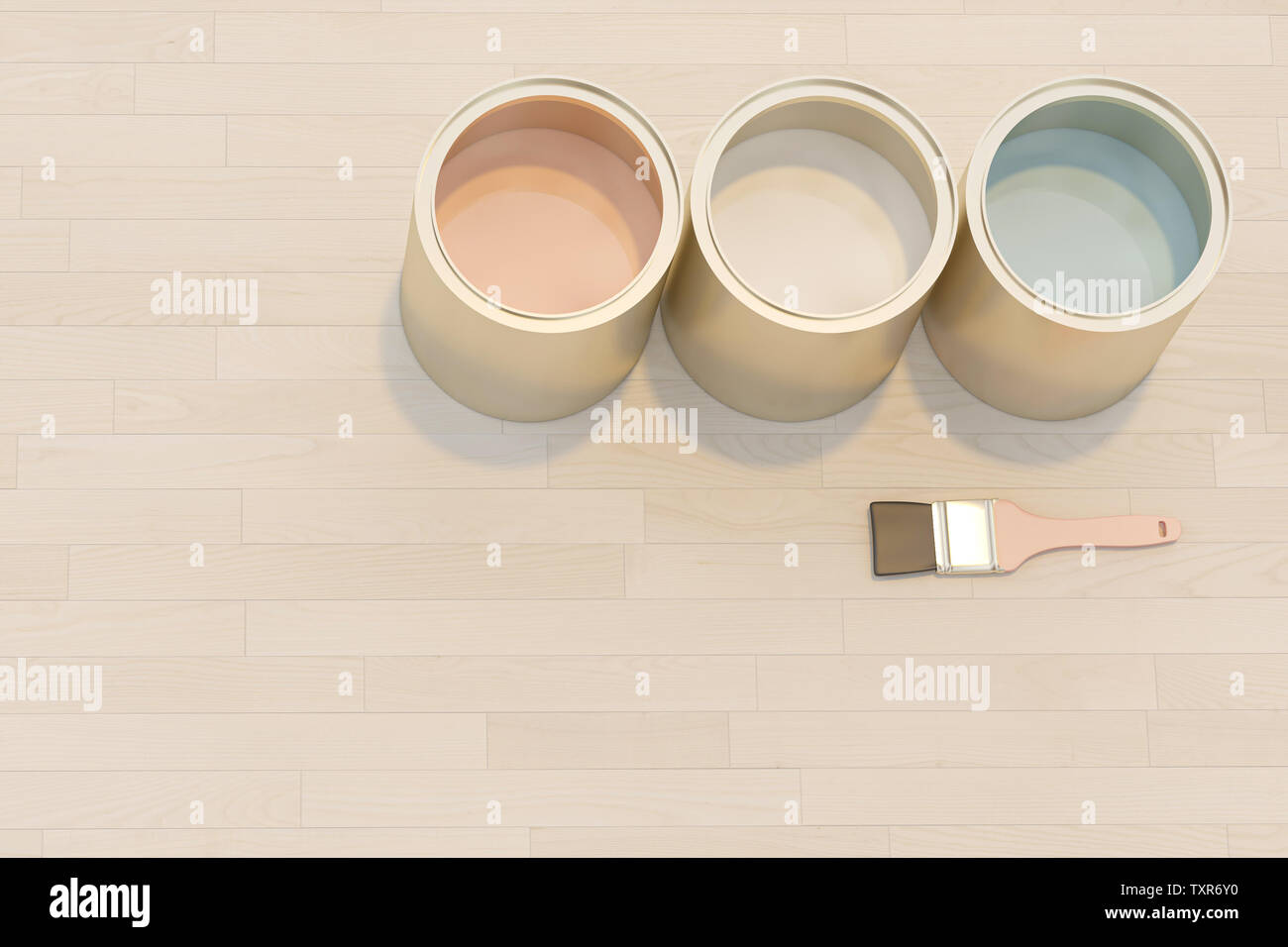 Le rendu d'images 3D d'une série de pots de peinture de couleur sur un fond de bois. Image Style de mise à plat Banque D'Images