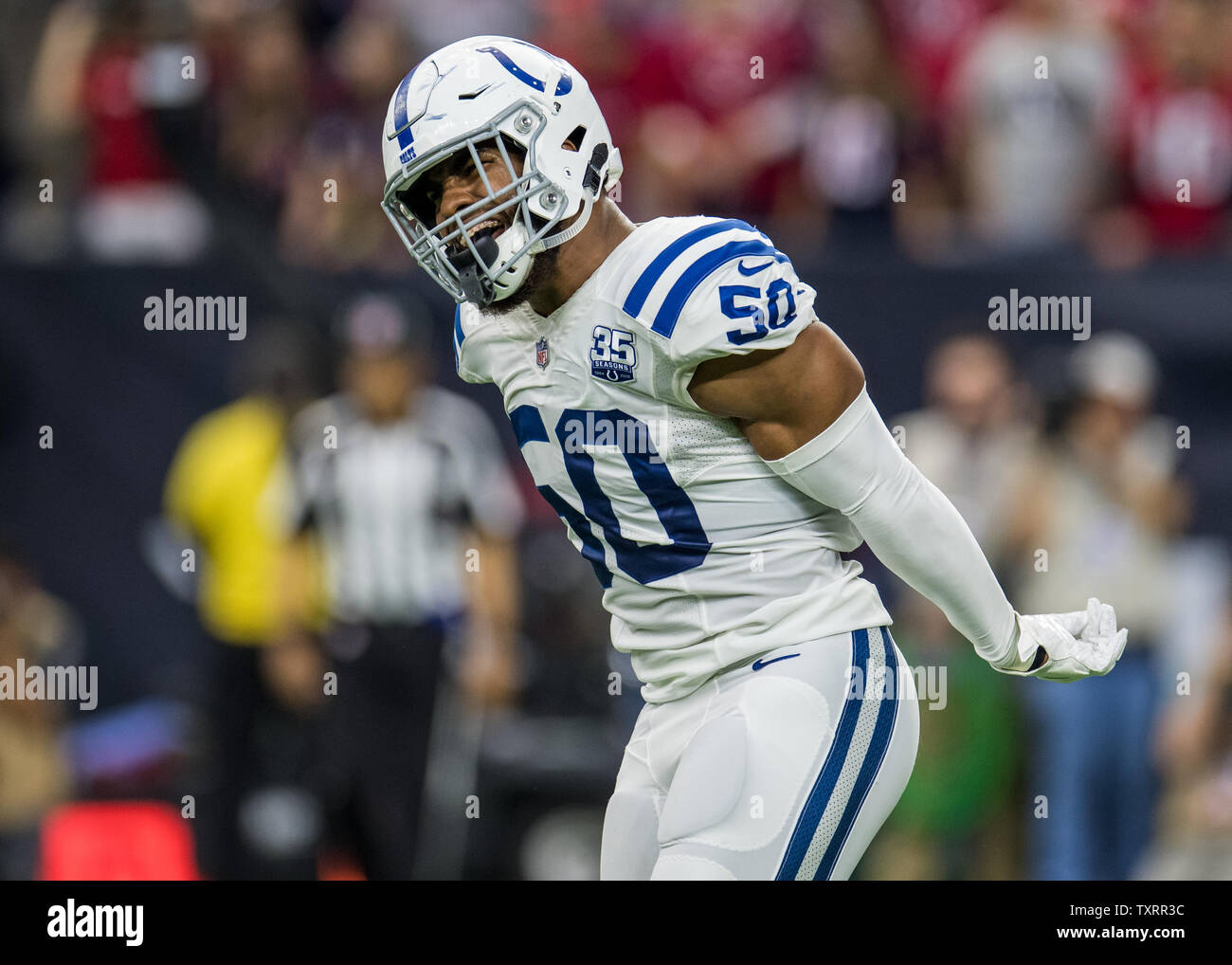 Indianapolis Colts linebacker Anthony Walker célèbre un arrêt au 4ème vers le bas contre le Houston Texans au deuxième trimestre de leur Wild Card match au stade NRG à Houston le 5 janvier 2019. Photo par Trask Smith/UPI Banque D'Images