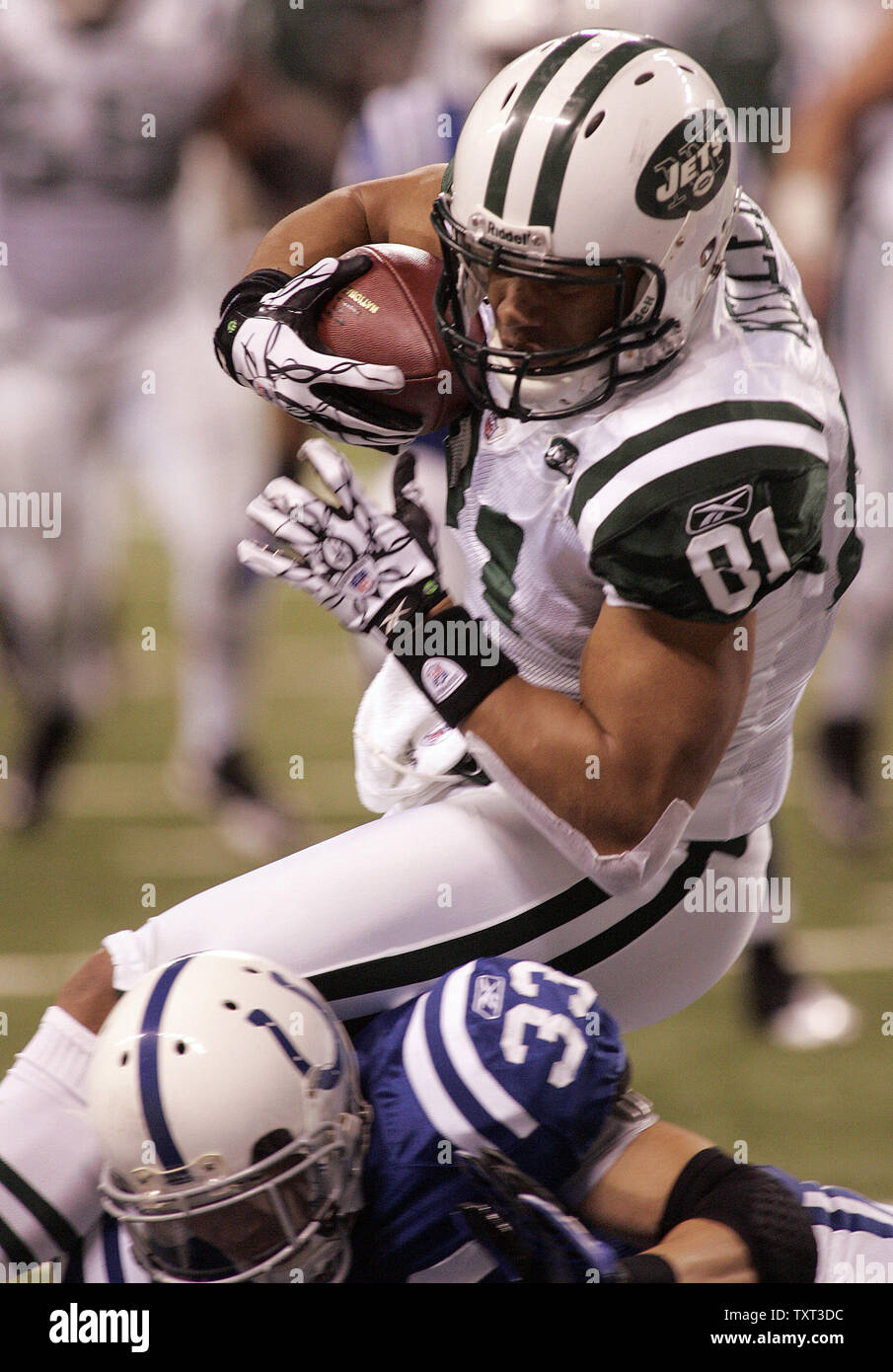 New York Jets wide receiver Dustin Keller (81) plongées sur Indianapolis Colts arrière défensif Melvin Bullitt (33) pour un touché au cours du deuxième trimestre de leur match de championnat de l'AFC à Lucas Oil Field à Indianapolis le 24 janvier 2010. UPI /Tom Strattman Banque D'Images