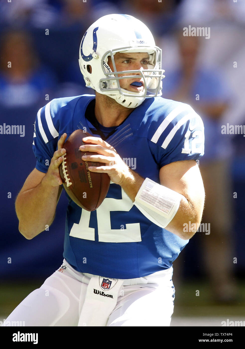 Indianapolis Colts quarterback Andrew Luck (12) revient à adopter contre les Vikings du Minnesota au cours du premier trimestre au Lucas Oil Stadium à Indianapolis, IN., le 16 septembre 2012. UPI /Mark Cowan Banque D'Images