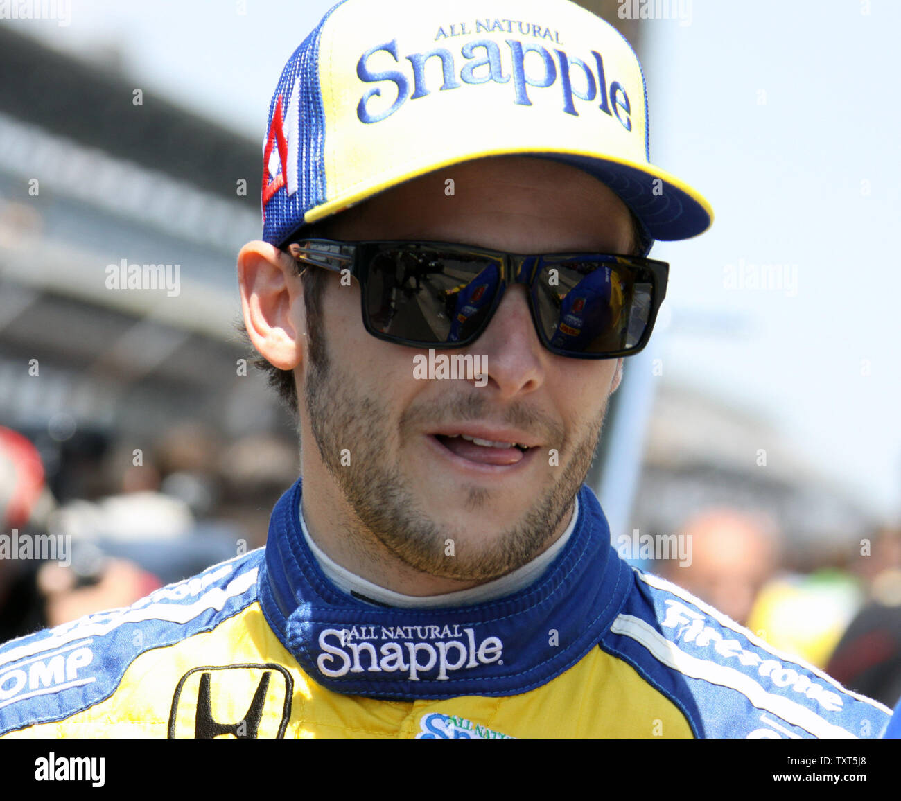 Marco Andretti était heureux d'obtenir la 6ème position de départ de la 98e course de l'Indianapolis 500 à l'Indianapolis Motor Speedway le 18 mai 2014 à Indianapolis, Indiana. La vitesse Andretti était 230,544 MPH. .UPI/de Locke Banque D'Images