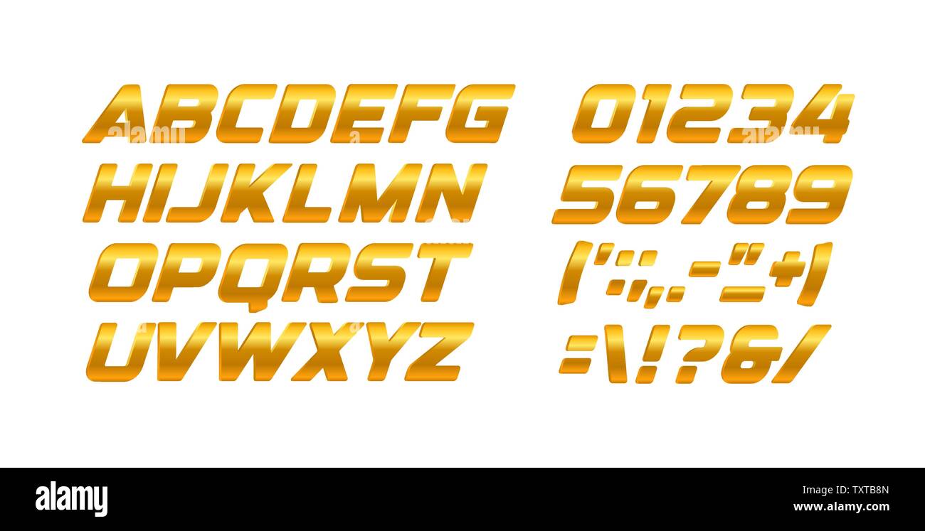 Des lettres et des chiffres d'or. Gradient vector style or alphabet latin. Italic bold typographie design. Illustration de Vecteur