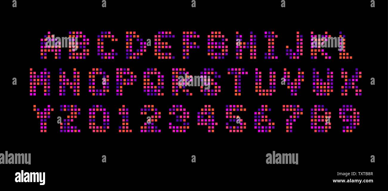 Affichage des chiffres et des lettres. Écran numérique, carré mosaïque, vecteur de style led alphabet latin. Typographie design. Illustration de Vecteur