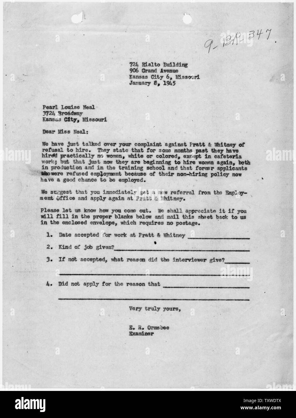 Jean René, Elston et al [Cas 9-BR-347] : E.R. Ormsbee à Pearl Louis Neal. ; la portée et contenu : lettre pour encourager à présenter une nouvelle demande du plaignant avec Pratt et Whitney. Banque D'Images