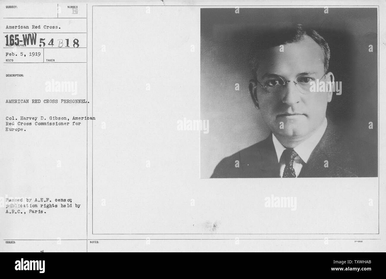 American Red Cross - E à H - Le personnel de la Croix-Rouge américaine. Le colonel Harvey D. Gibson, Croix Rouge américaine Commissionar pour l'Europe ; la portée et contenu : photographe : American Red Cross Banque D'Images