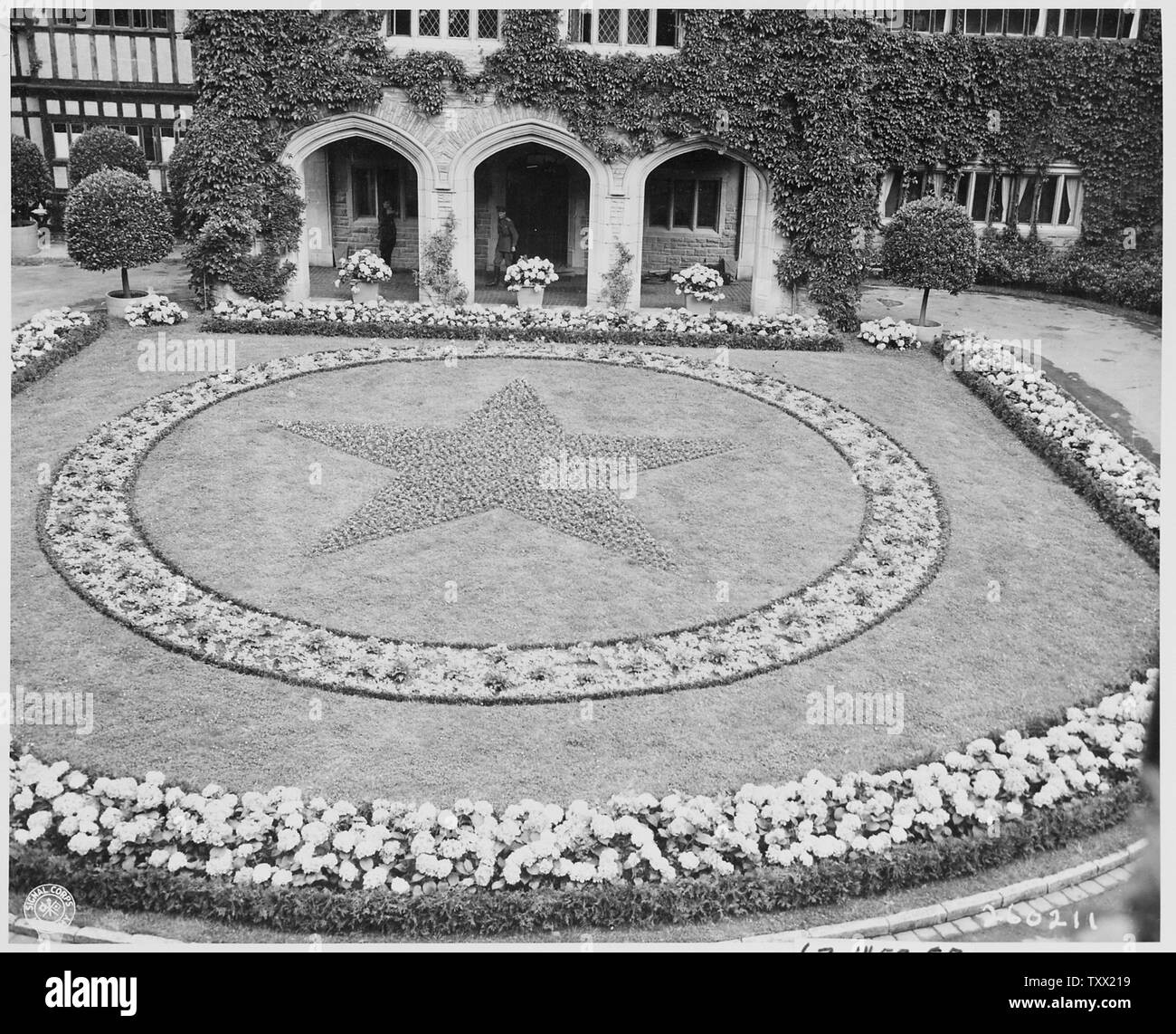 Au château de Cecilienhof, site de la Conférence de Potsdam en Potsdam, Allemagne, l'approche des délégués de l'entrée principale de l'édifice par une allée entourant ces fleurs. Les modèles de fleurs symétriques sont utilisés pour embellir le paysage. Dans le centre rouge faible plantes forment une énorme étoile rouge, kwhich est entouré d'un cercle d'autres plantes. Une bordure de fleurs séparer le jardin de l'allée. Banque D'Images