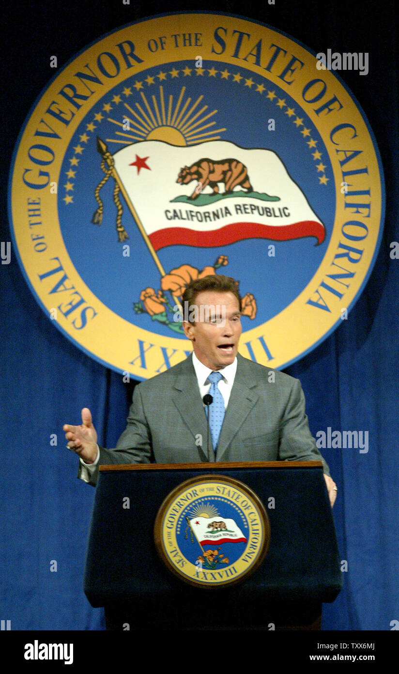 California Governor Arnold Schwarzenegger delivers his first State address,  at the Sacramento State Assembly Chamber, January 6, 2004. Schwarzenegger,  in his most important speech so far as governor, warned on Tuesday that