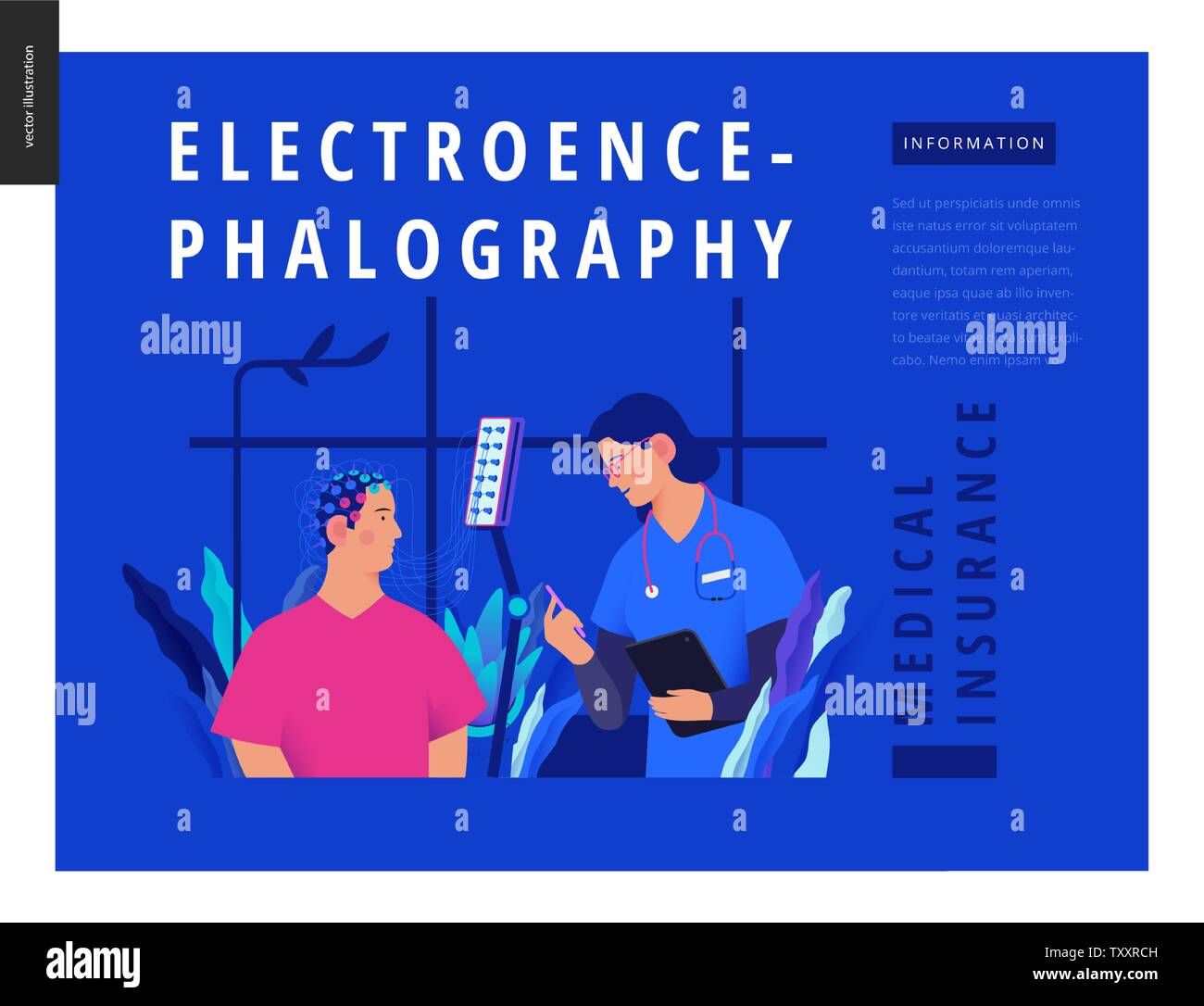 Modèle de tests médicaux - Bleu - EEG électroencéphalographie - télévision moderne concept vector illustration numérique d'encéphalographie procédure - un patient Illustration de Vecteur