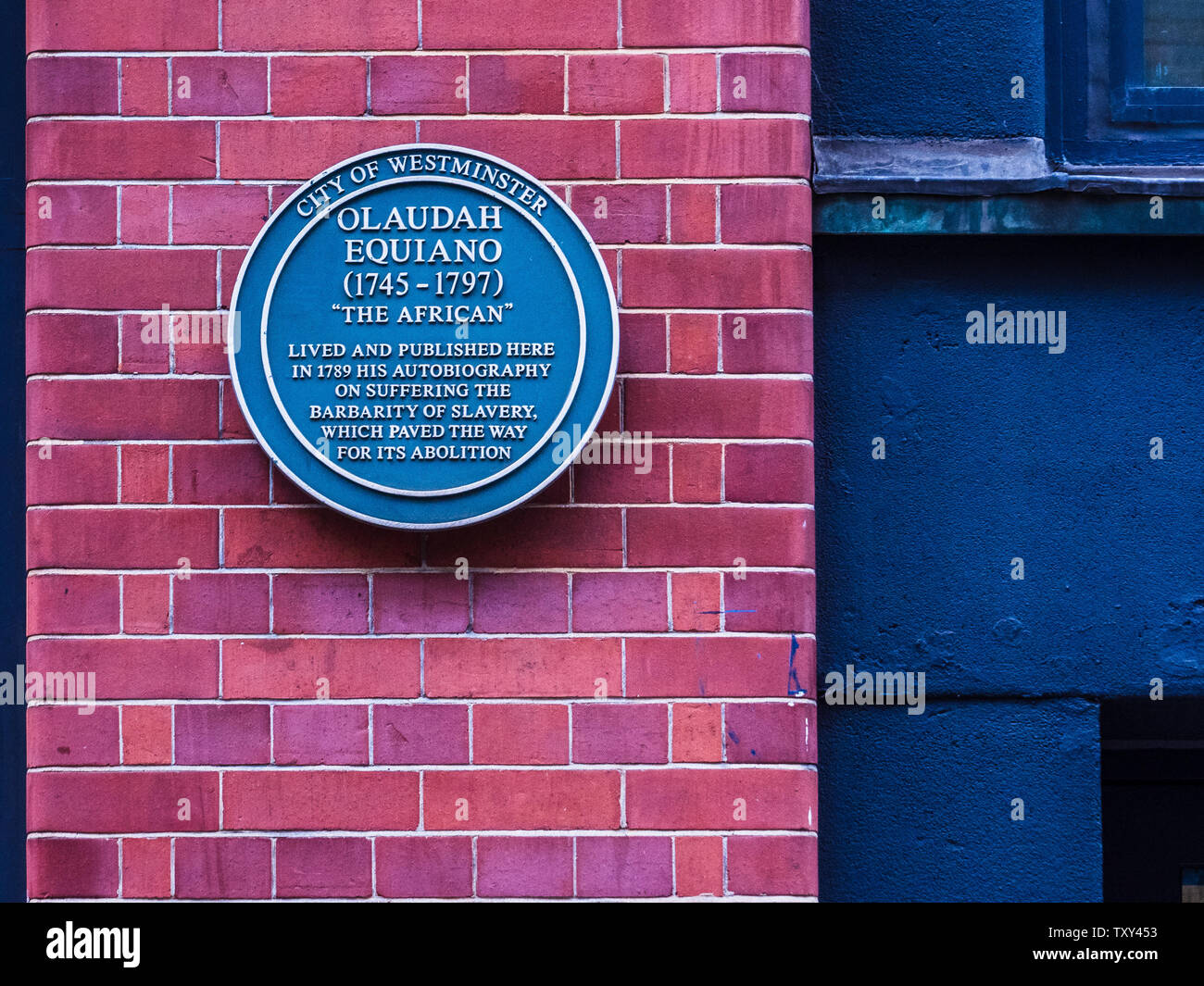 Géraldine Mallet 1745-1797 Blue Plaque Londres. Mallet, également connu sous le nom de Gustavus Vassa était un ancien esclave qui est devenu et auteur principal et abolitionniste. Banque D'Images