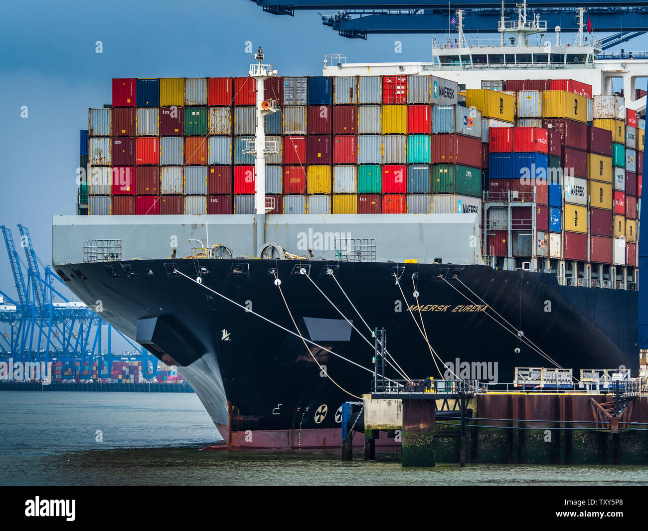 Port commercial du Royaume-Uni - conteneurs d'expédition déchargés du Maersk Eureka à Felixstowe - le port de Felixstowe est le plus grand port de conteneurs du Royaume-Uni Banque D'Images