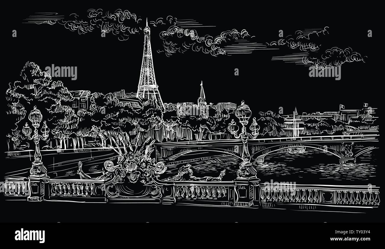 Vector Illustration dessin de la Tour Eiffel (Paris, France). Monument de Paris. Vue urbaine avec la Tour Eiffel et le Pont Alexandre III, vue sur Seine Illustration de Vecteur